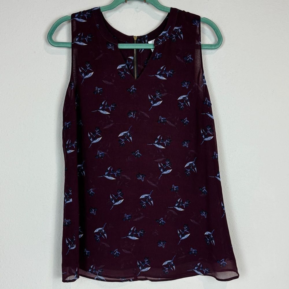 Cabi Floral Burgundy Sleeveless Back Zipper Blouse S